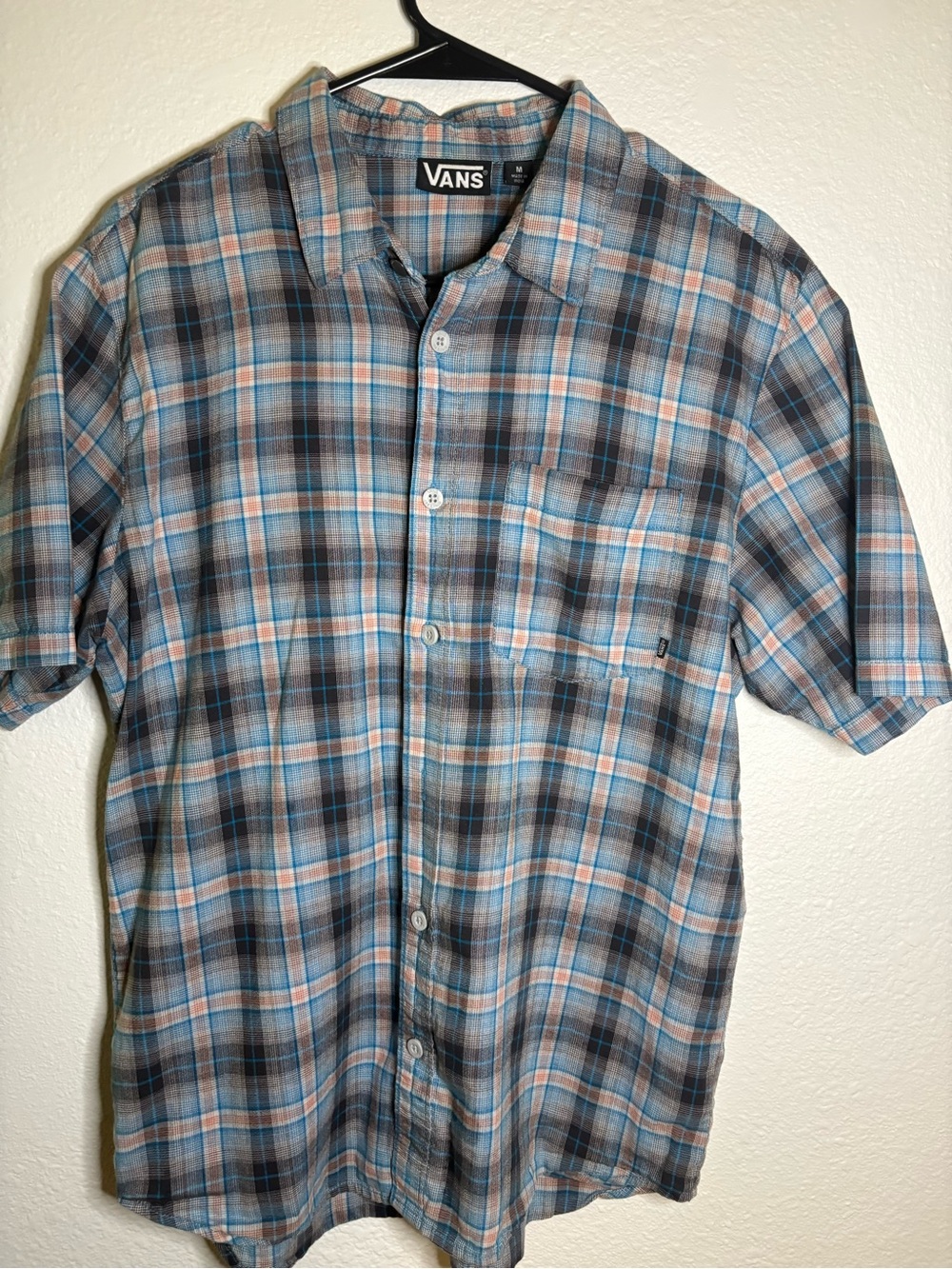 Vans Men's Blue Plaid Short-Sleeve Button-Up Shirt, M